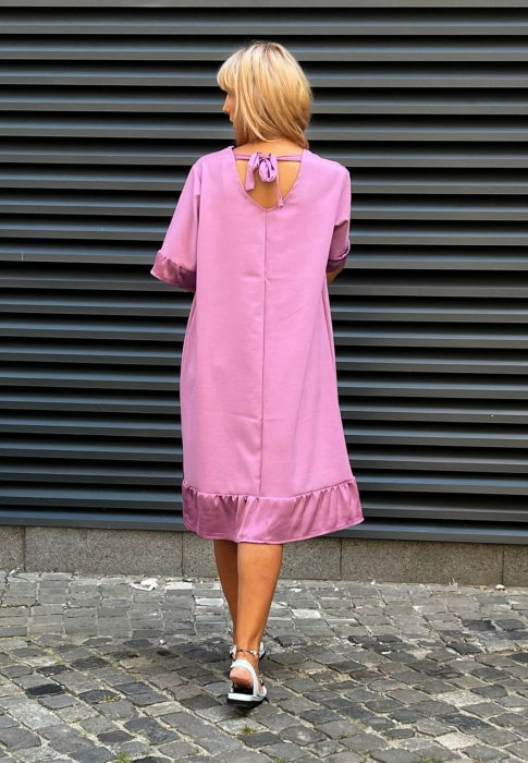 Rochie din in mercerizat cu volanas si funda spate, lila [5]