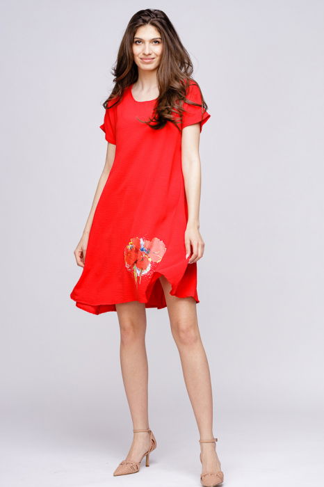 Rochie `A line` din crep de vascoza rosie, cu imprimeu maci stilizati [1]