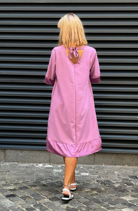 Rochie din in mercerizat cu volanas si funda spate, lila [6]