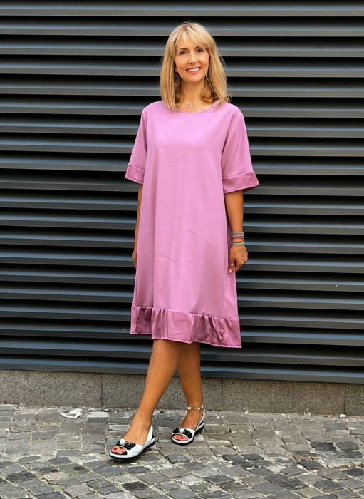 Rochie din in mercerizat cu volanas si funda spate, lila [3]