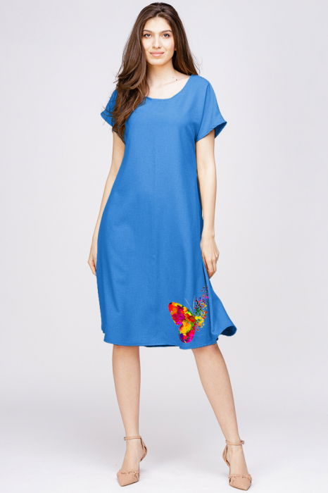 Rochie `A line` din in mercerizat albastra, cu imprimeu fluture stilizat [1]