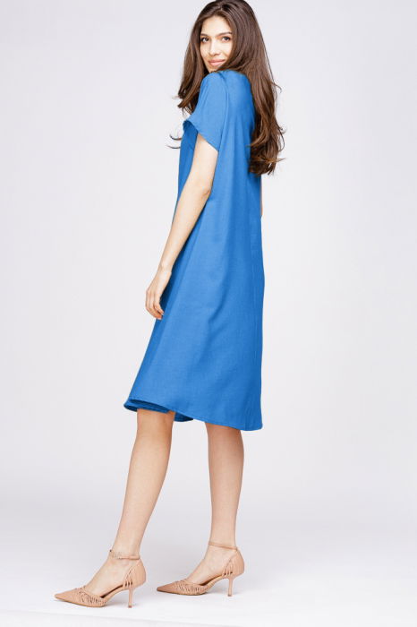 Rochie `A line` din in mercerizat albastra, cu imprimeu fluture stilizat [2]