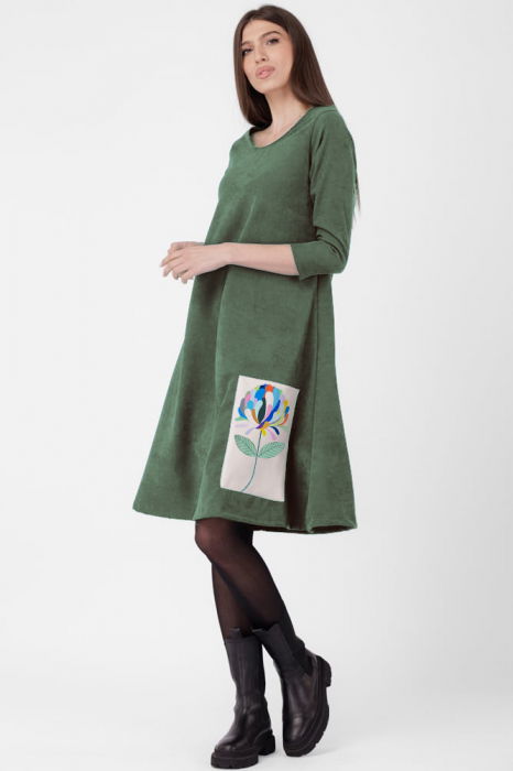 Rochie `A line`, din material catifelat, kaki, cu aplicatie color [1]