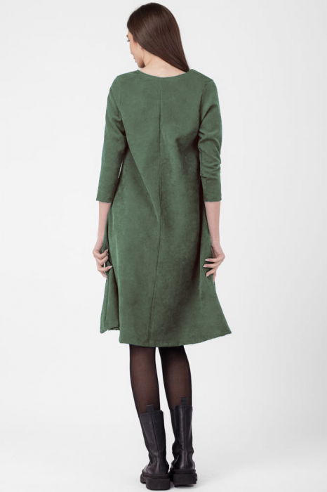 Rochie `A line`, din material catifelat, kaki, cu aplicatie color [3]