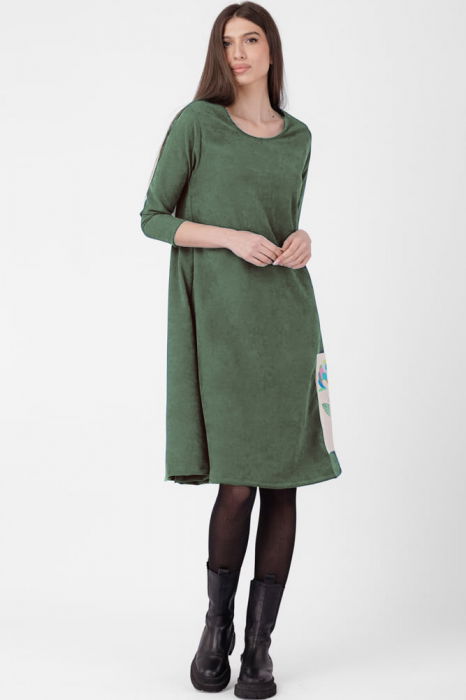 Rochie `A line`, din material catifelat, kaki, cu aplicatie color 7 flori [2]