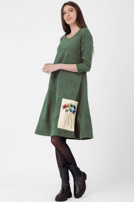 Rochie `A line`, din material catifelat, kaki, cu aplicatie color 7 flori [1]