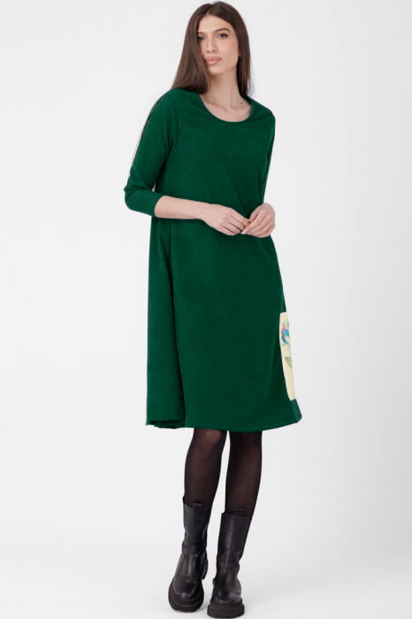 Rochie `A line`, din material catifelat, verde inchis, cu aplicatie color [2]