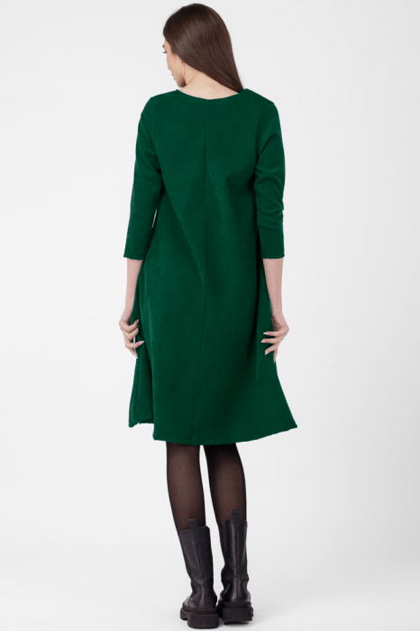 Rochie `A line`, din material catifelat, verde inchis, cu aplicatie color [3]