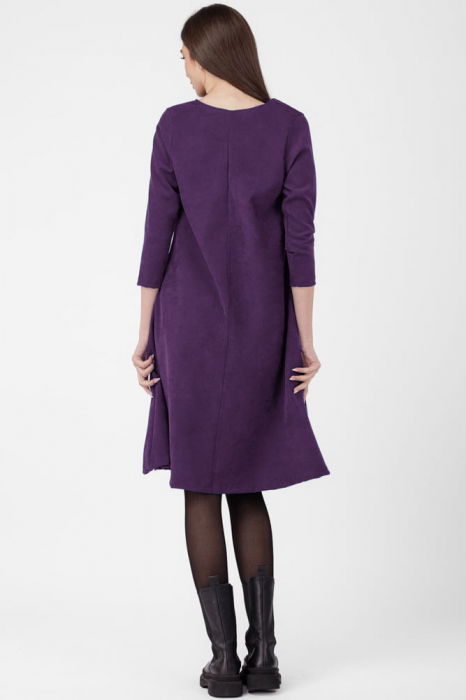 Rochie `A line`, din material catifelat, mov inchis, cu aplicatie color [3]