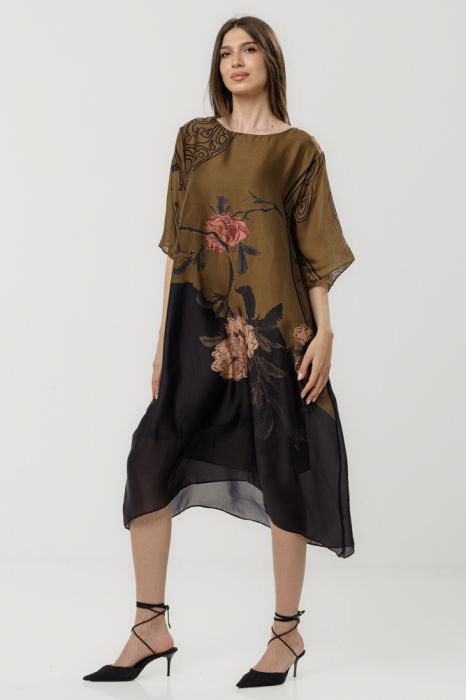 Rochie eleganta satinata A-line cu croiala lejera si imprimeu floral in tonuri de maro si negru [2]