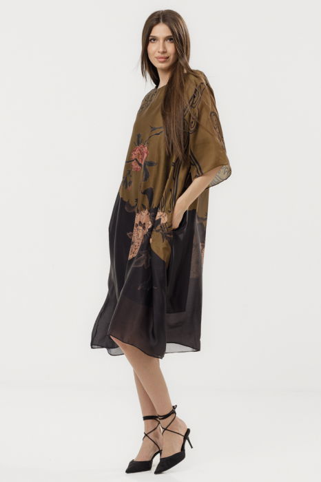 Rochie eleganta satinata A-line cu croiala lejera si imprimeu floral in tonuri de maro si negru [3]