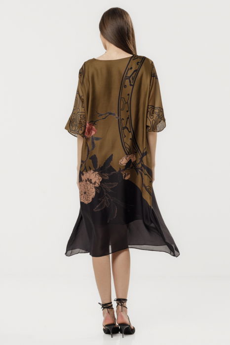 Rochie eleganta satinata A-line cu croiala lejera si imprimeu floral in tonuri de maro si negru [4]