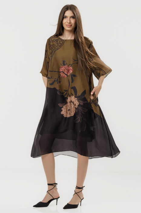 Rochie eleganta satinata A-line cu croiala lejera si imprimeu floral in tonuri de maro si negru