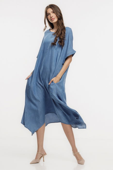 Rochie A-line in colturi, din tencel cu aspect jeans denim, masura mare [3]