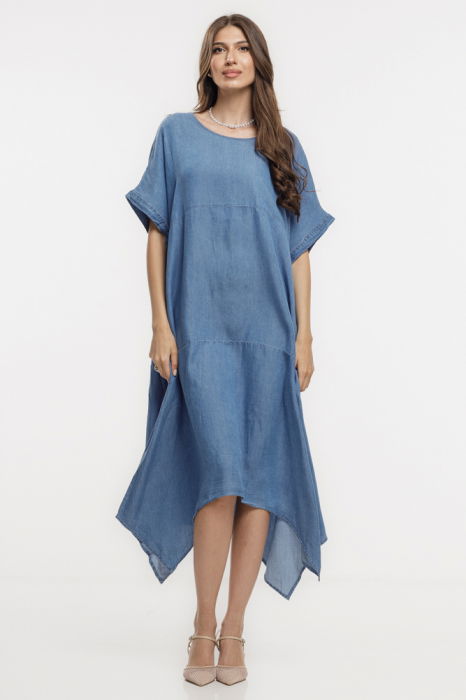 Rochie A-line in colturi, din tencel cu aspect jeans denim, masura mare [1]