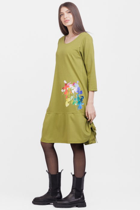 Rochie `A line`, din tricot, cu sireturi laterale, verde olive cu imprimeu flori stilizate [2]