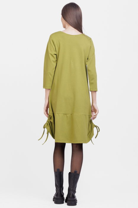 Rochie `A line`, din tricot, cu sireturi laterale, verde olive cu imprimeu flori stilizate [3]