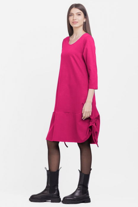 Rochie `A line`, din tricot, cu sireturi laterale, fucsia [2]
