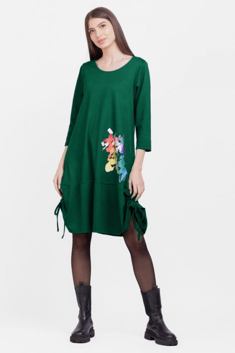 Rochie `A line`, din tricot, cu sireturi laterale, verde cu imprimeu flori stilizate [1]