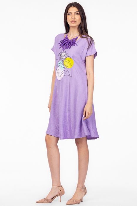 Rochie `A line` lila din in mercerizat, cu imprimeu grafic chip [2]
