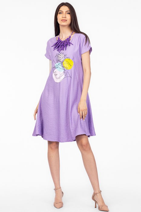 Rochie `A line` lila din in mercerizat, cu imprimeu grafic chip [1]