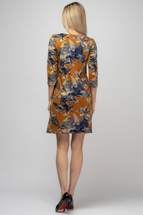 Rochie dreapta, fundal caramiziu si imprimeu frunze, din vascoza [3]