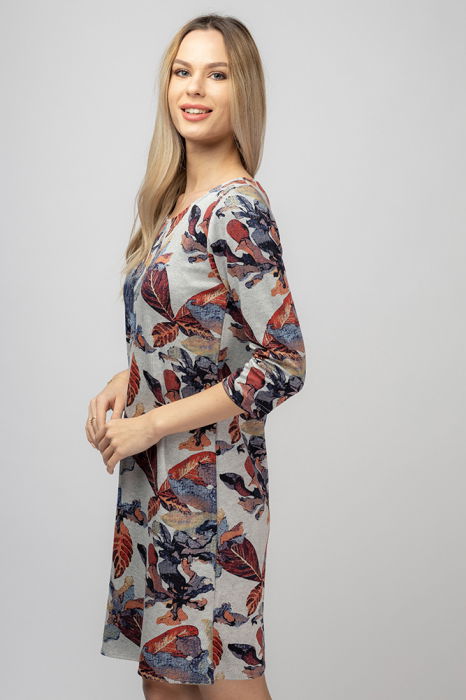 Rochie dreapta, fundal gri si imprimeu frunze, din vascoza [2]