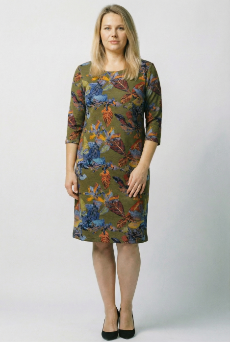 Rochie `A line` , fundal verde si imprimeu frunze, din vascoza [1]