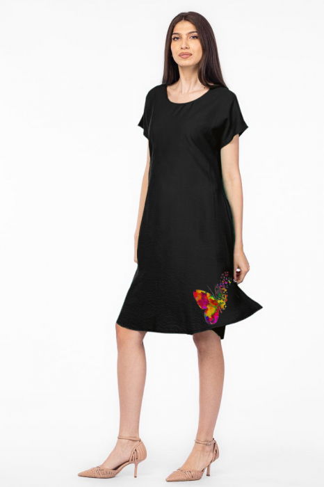 Rochie `A line` neagra din in mercerizat usor creponat, cu imprimeu fluture multicolor [2]