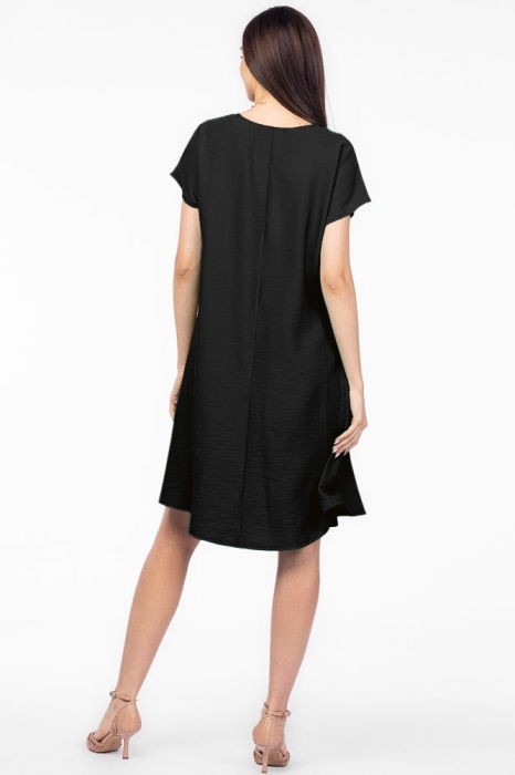 Rochie `A line` neagra din in mercerizat usor creponat, cu imprimeu fluture multicolor [3]