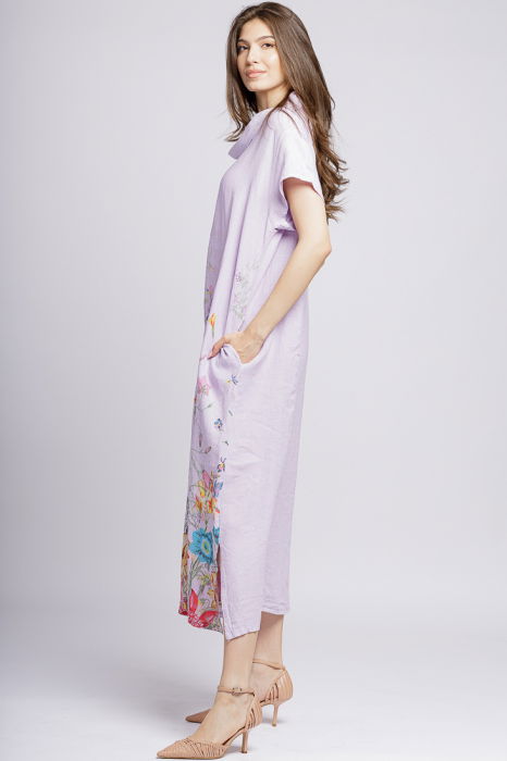 Rochie lunga din in cu guler intors si imprimeu pictural floral pe fond lila [3]