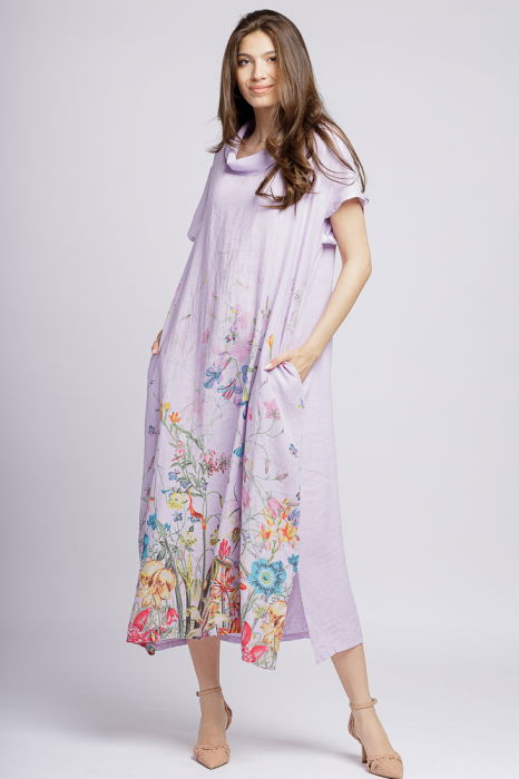Rochie lunga din in cu guler intors si imprimeu pictural floral pe fond lila [2]