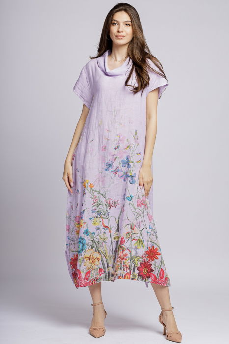 Rochie lunga din in cu guler intors si imprimeu pictural floral pe fond lila