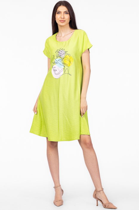 Rochie `A line` verde lime din in mercerizat, cu imprimeu grafic chip [1]