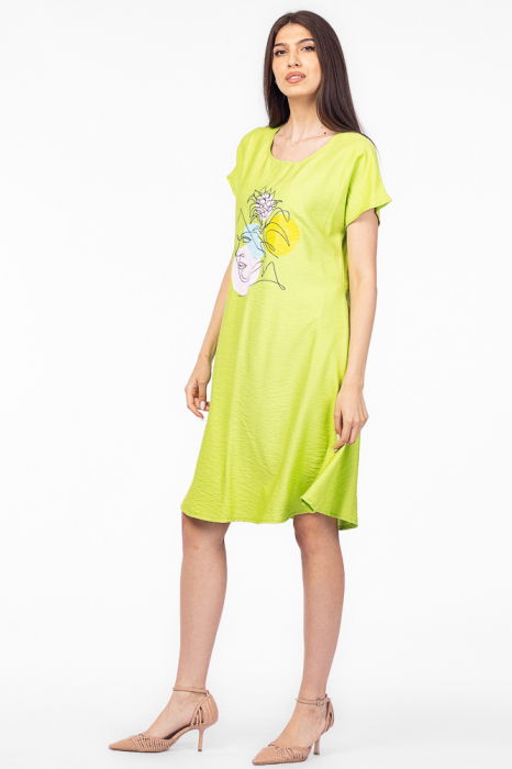 Rochie `A line` verde lime din in mercerizat, cu imprimeu grafic chip [3]
