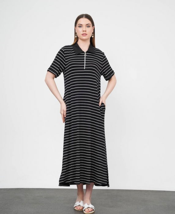 Rochie camasa cu fermoar din jerseu de vascoza, neagra cu dungi albe [2]