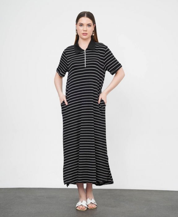 Rochie camasa cu fermoar din jerseu de vascoza, neagra cu dungi albe [3]