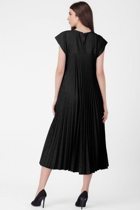 Rochie A-line lunga, plisata, din stofa fina, neagra [3]