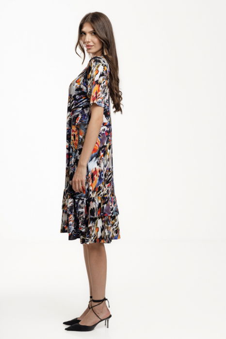 Rochie `A line` midi, cu doua volane poale, din vascoza, cu imprimeu pictural [2]