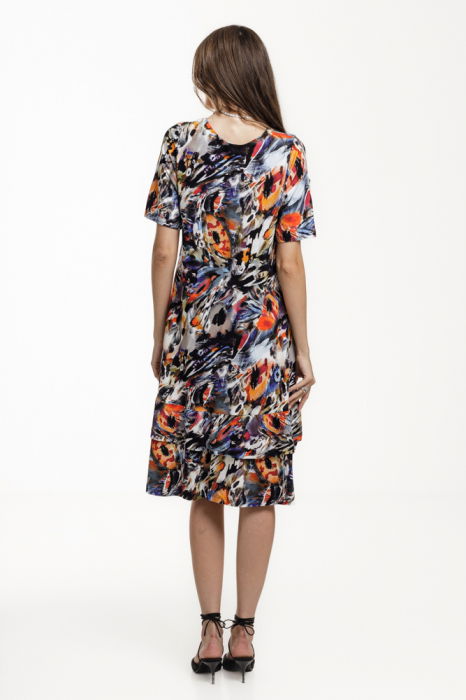 Rochie `A line` midi, cu doua volane poale, din vascoza, cu imprimeu pictural [3]