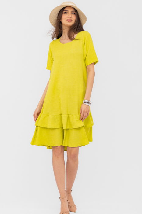 Rochie verde lime `A line` midi, cu doua volane poale, din in mercerizat [2]