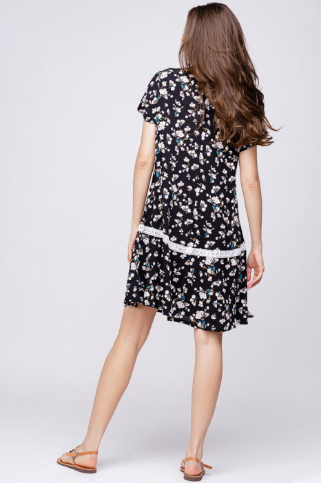 Rochie `A line` midi, cu imprimeu floricele pe fond negru [3]