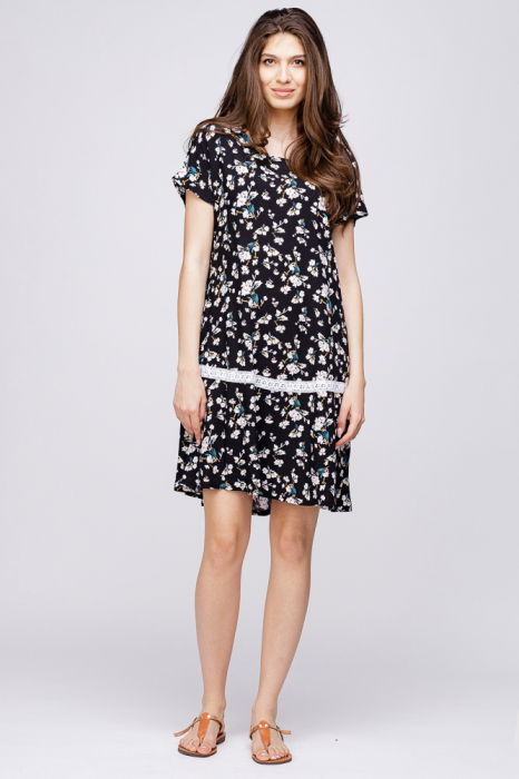 Rochie `A line` midi, cu imprimeu floricele pe fond negru [1]