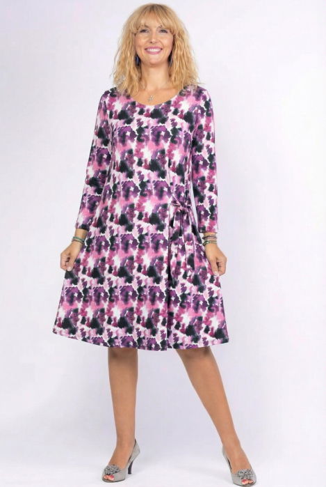 Rochie `A line` midi, cu nod intr-o parte, din vascoza, cu imprimeu pictural mov si  fucsia [1]