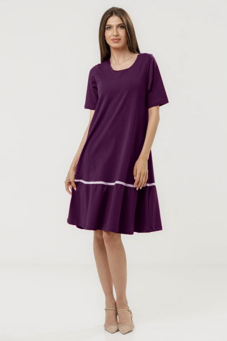 Rochie `A line` midi, cu volan si dantela din bumbac, mov inchis [1]