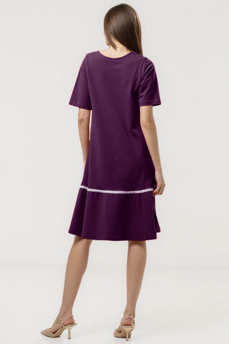 Rochie `A line` midi, cu volan si dantela din bumbac, mov inchis [3]