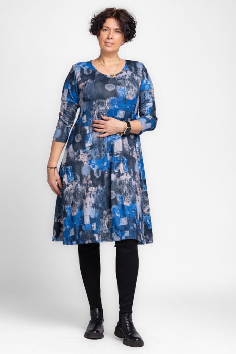 Rochie `A line` midi, din jerseu de vascoza, cu imprimeu albastru-gri [1]