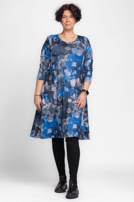 Rochie `A line` midi, din jerseu de vascoza, cu imprimeu albastru-gri [2]