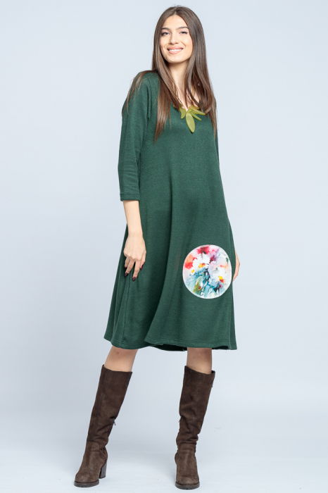Rochie `A line` midi, din jerseu moale cu aplicatie flori, verde inchis [1]