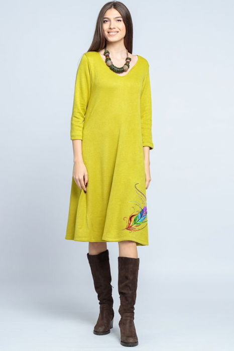 Rochie `A line` midi, din jerseu moale cu imprimeu pana, verde lime [1]